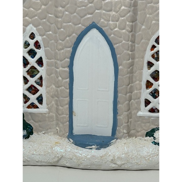 Vintage Ceramic Light Up winter Church Village Blue Steeple Stained Glass Look - Picture 7 of 16